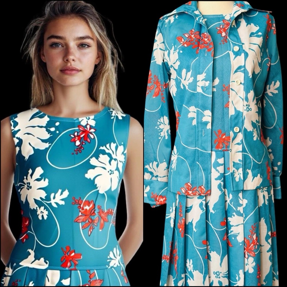 Vtg 70's Flower Power 2 pc Dress Set Womens Small Blue Floral Pleated Drop Waist